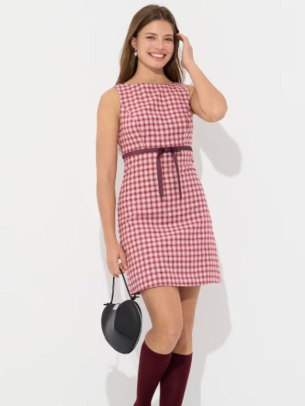 Women's Sleeveless Belted Mini Dress - Red Plaid